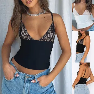 Women's V-neck Lace Camisole Vest with Back Zipper Design - Summer Slim Sleeveless Top