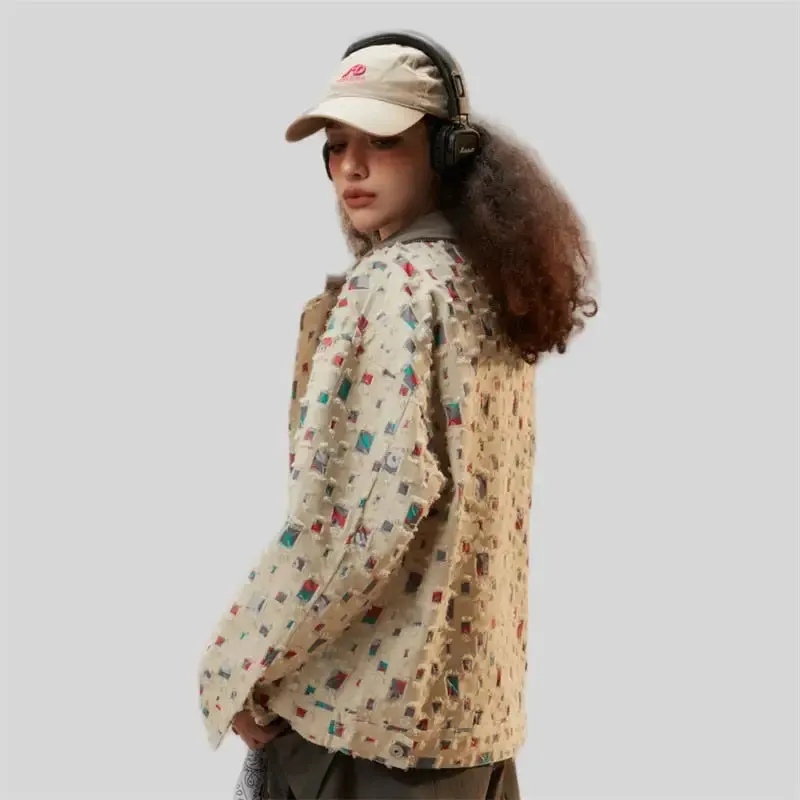 Y2K Denim Jacket with Colorful Patches for Versatile Style