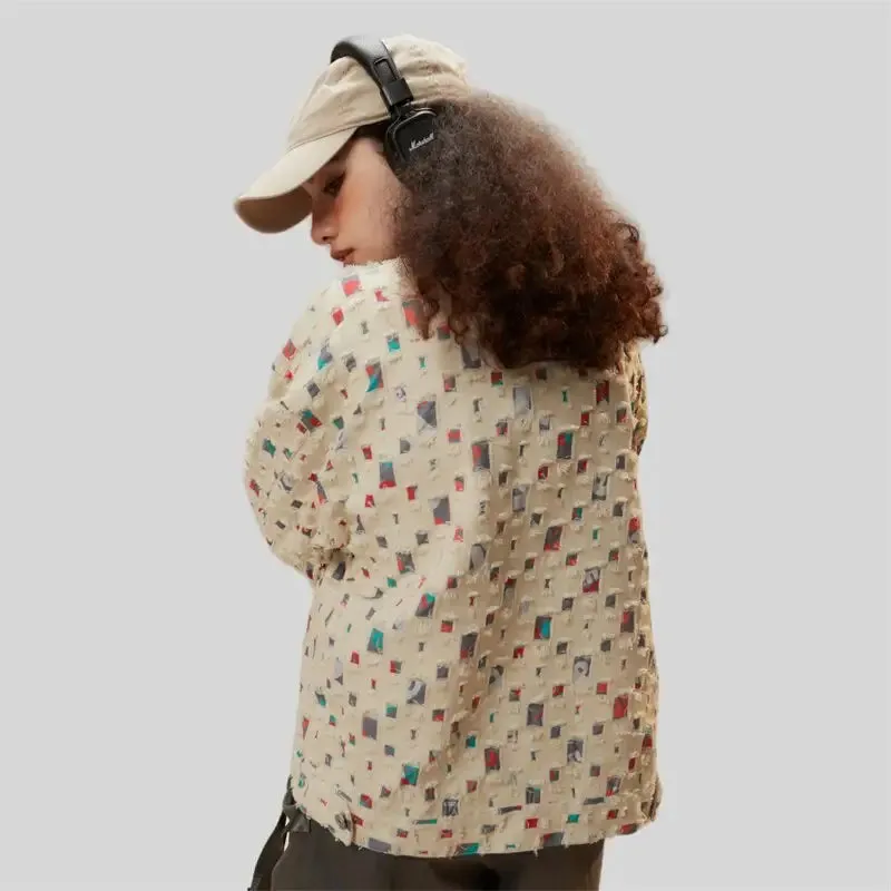Y2K Denim Jacket with Colorful Patches for Versatile Style
