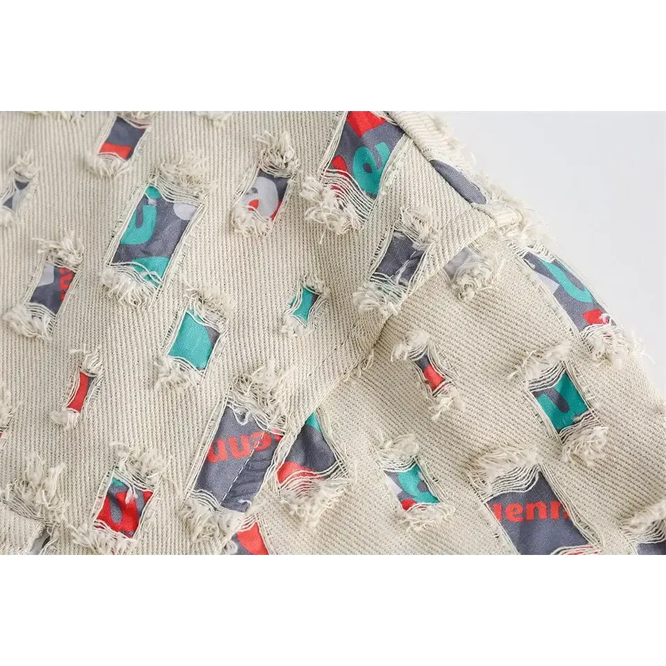 Y2K Denim Jacket with Colorful Patches for Versatile Style