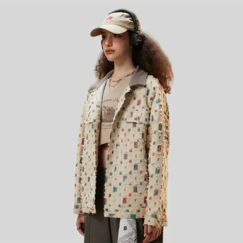 Y2K Denim Jacket with Colorful Patches for Versatile Style