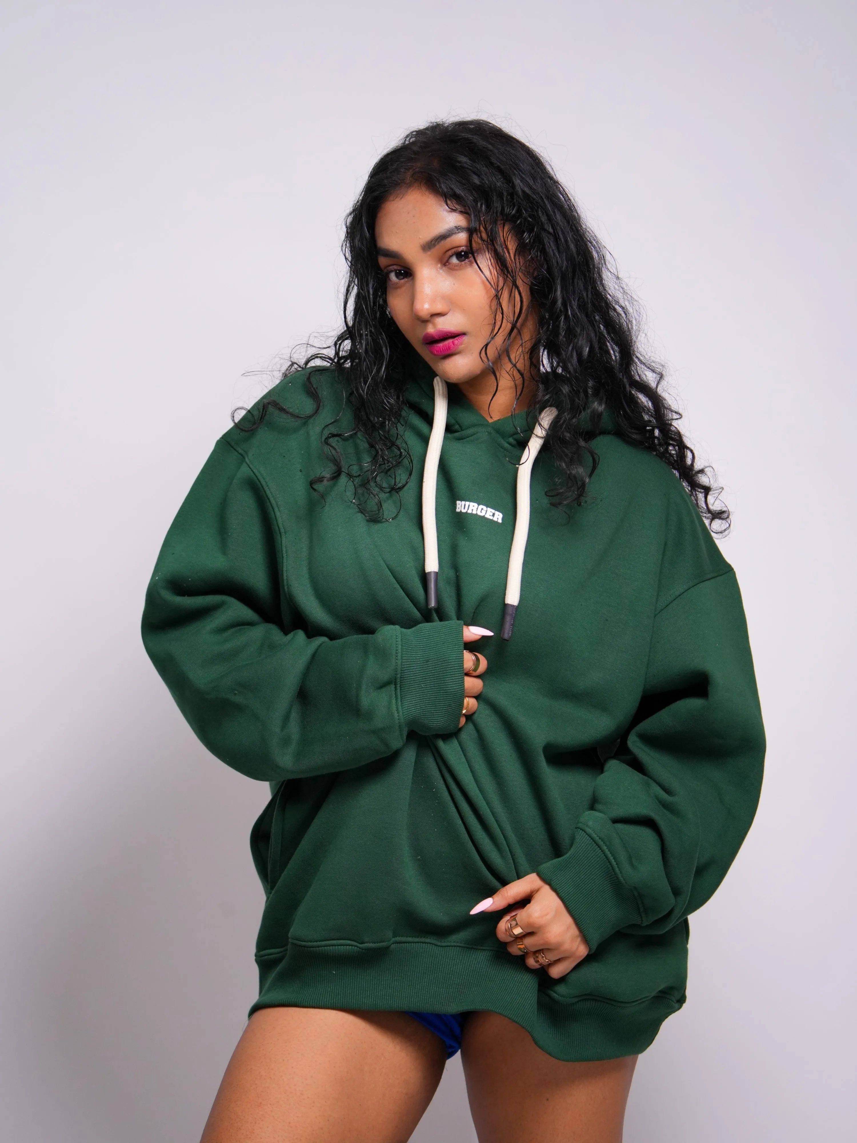 Ye Hoodie (Bottle Green) : Minimal Burger Logo Heavyweight Baggy Hoodie For Women