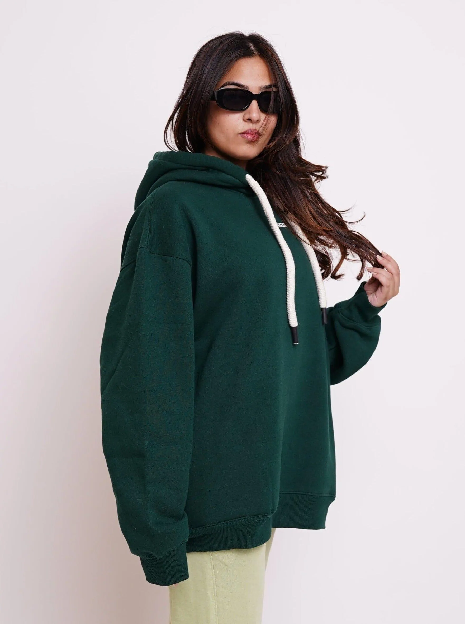 Ye Hoodie (Bottle Green) : Minimal Burger Logo Heavyweight Baggy Hoodie For Women