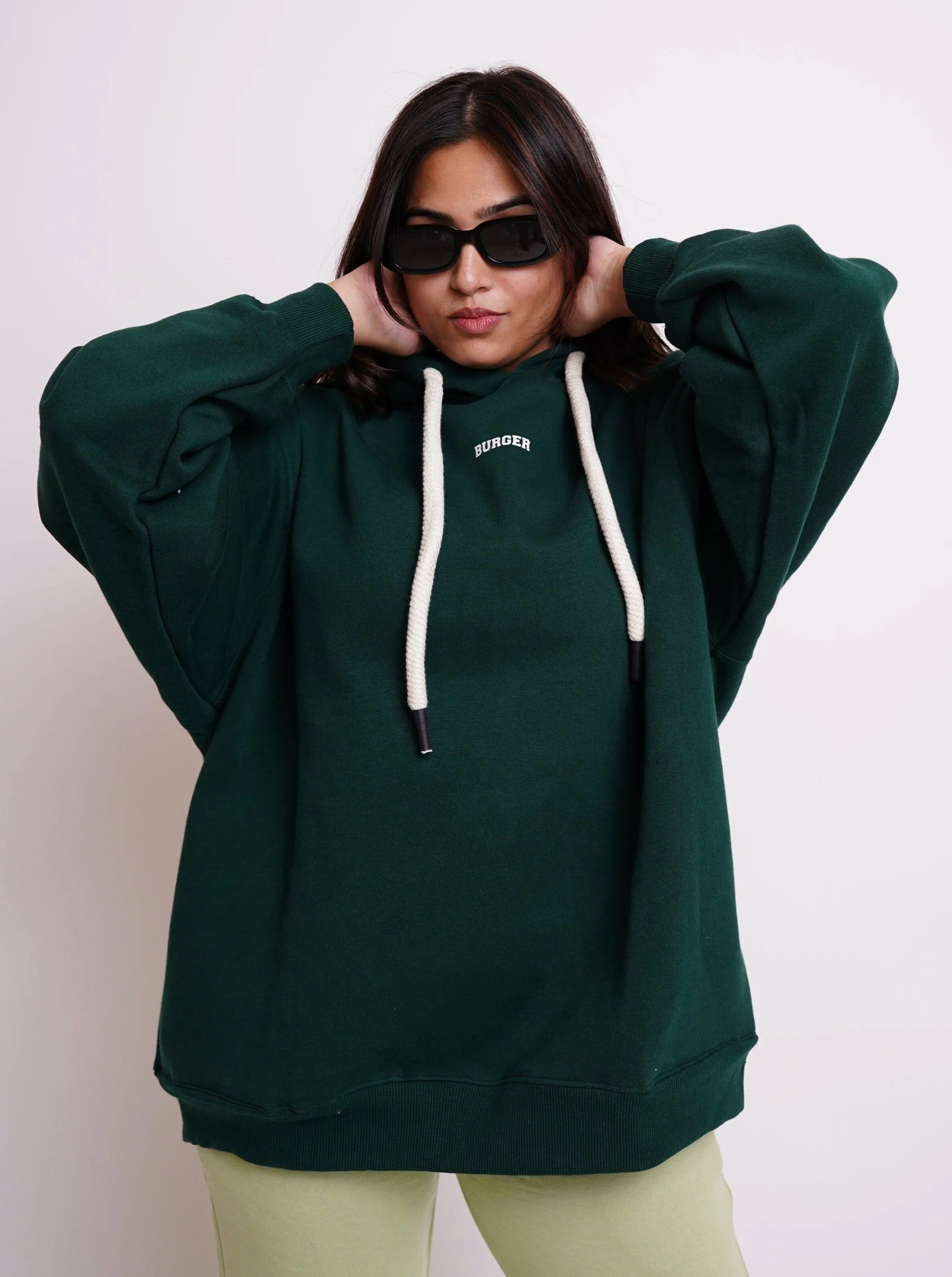 Ye Hoodie (Bottle Green) : Minimal Burger Logo Heavyweight Baggy Hoodie For Women